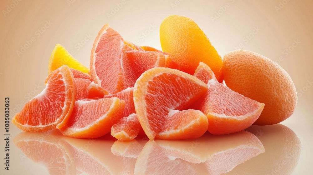 Fresh citrus slices on a reflective surface. Fresh citrus slices on a reflective surface.