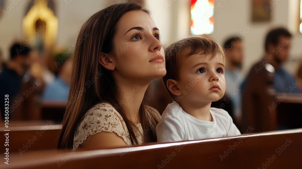 Mother and child watching a ceremony in church intimate moment spiritual environment warm lighting emotional connection Mother and child watching a ceremony in church intimate moment spiritual environment warm lighting emotional connection