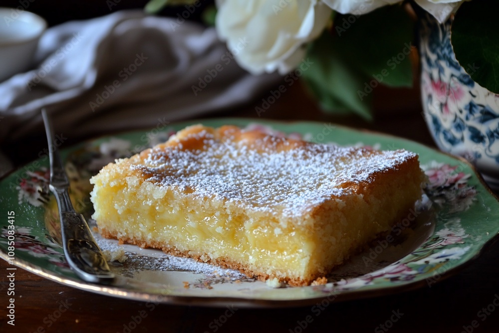Delicious Lemon Cake Slice with Powdered Sugar Garnish Delicious Lemon Cake Slice with Powdered Sugar Garnish