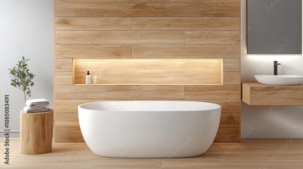 Modern bathroom sleek materials concepts. Openconcept bathroom with natural stone walls, wood textures, and soft ambient lighting, ecomodern style Modern bathroom sleek materials concepts. Openconcept bathroom with natural stone walls, wood textures, and soft ambient lighting, ecomodern style