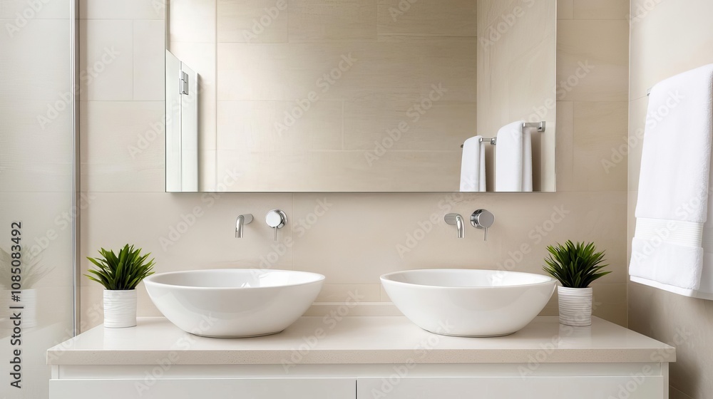 Modern bathroom sleek materials concepts. Oversized mirror with frameless edges in a sleek bathroom, depth and minimalism concept Modern bathroom sleek materials concepts. Oversized mirror with frameless edges in a sleek bathroom, depth and minimalism concept