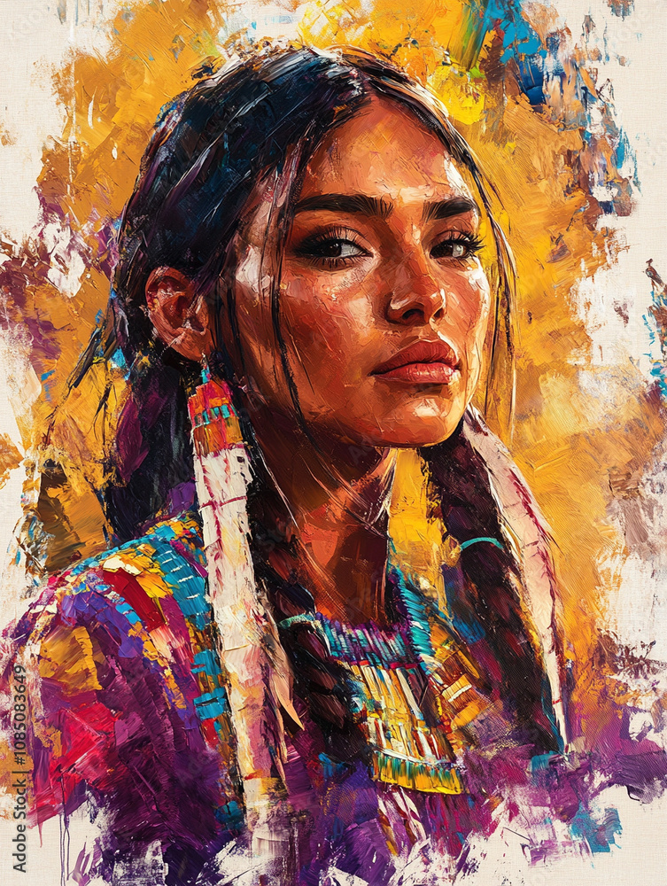 Fototapeta premium Piękna indiańska kobieta, w stroju ludowym, nowoczesna sztuka, obraz olejny na płótnie, generative ai