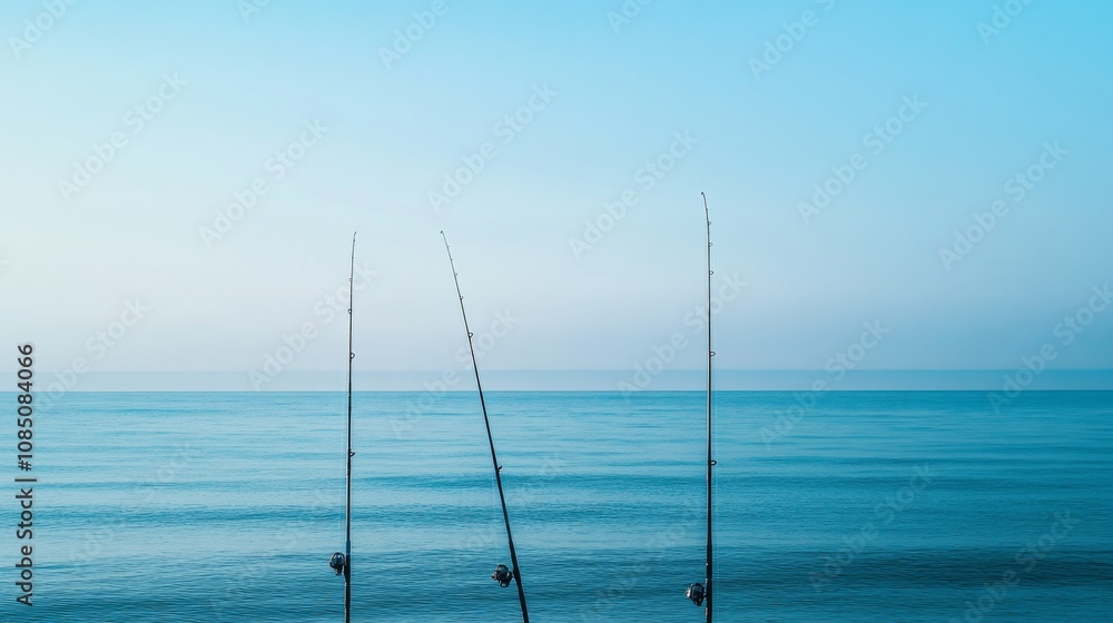 A tranquil sea fishing scene with rods set against a calm ocean backdrop, Fishing equipment neatly arranged, Coastal leisure style A tranquil sea fishing scene with rods set against a calm ocean backdrop, Fishing equipment neatly arranged, Coastal leisure style