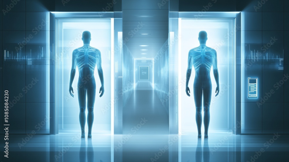 Obraz premium Futuristic view of human figures in elevators.