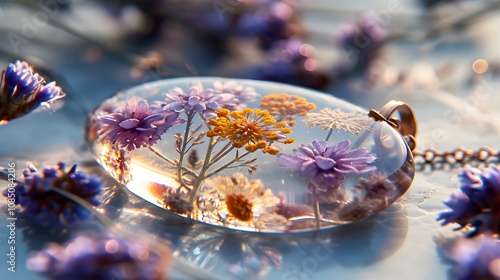 Handmade jewelry with embedded flowers in resin photo