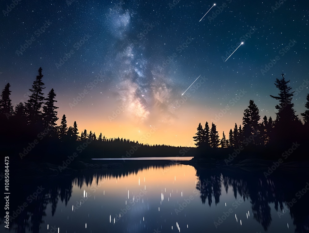 Serene Night Sky Over Tranquil Lake With Meteor Showers and Reflections Amidst Dense Forest Under the Milky Way Galaxy's Vastness Serene Night Sky Over Tranquil Lake With Meteor Showers and Reflections Amidst Dense Forest Under the Milky Way Galaxy's Vastness