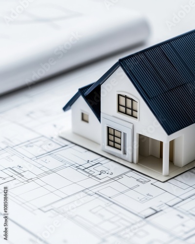 A miniature house model sits on top of architectural blueprints, showcasing design plans for a new building project.