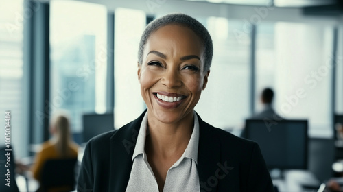 Inspirational Black woman in a professional office, her confident demeanor capturing the essence of feminism, progress, and a dedication to equality