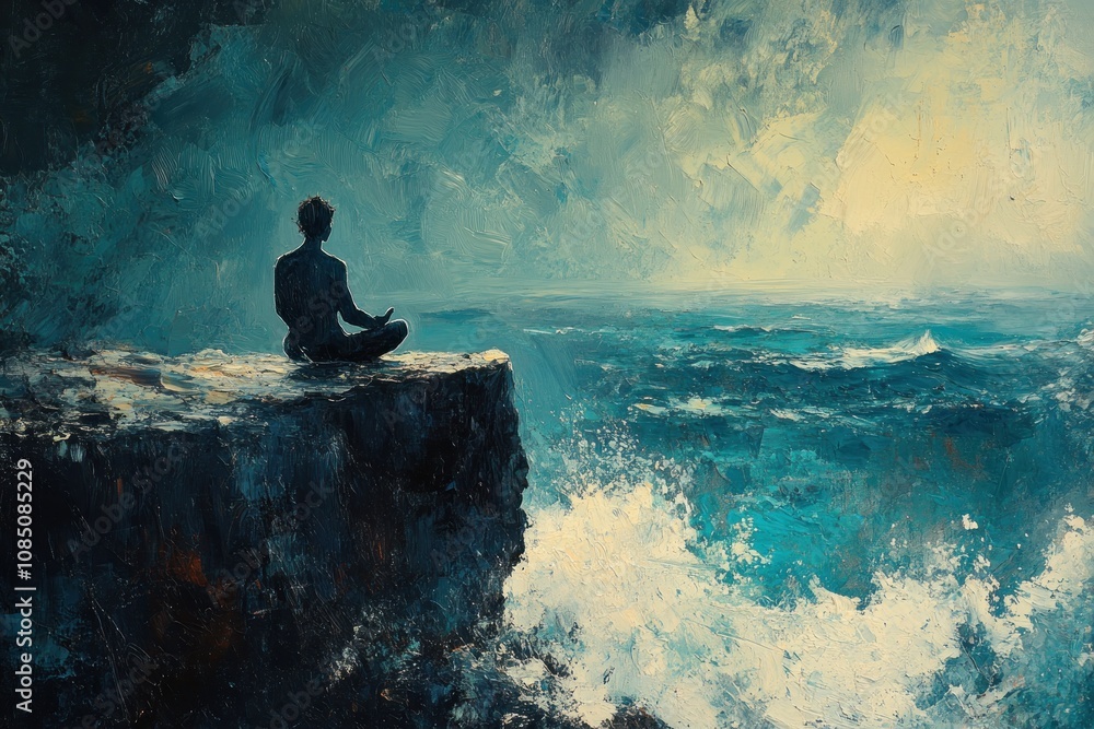 Silhouette of Man Meditating on a Cliff Overlooking a Stormy Sea Silhouette of Man Meditating on a Cliff Overlooking a Stormy Sea