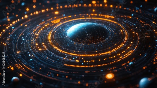 A digital display of an astrological chart, with planets and constellations moving in a three-dimensional graphic pattern on a dark background