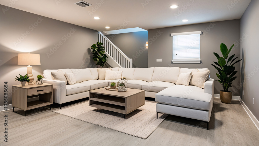 a recently renovated basement with contemporary design elements, featuring modern furniture and sleek finishes, creating a stylish and functional living space a recently renovated basement with contemporary design elements, featuring modern furniture and sleek finishes, creating a stylish and functional living space