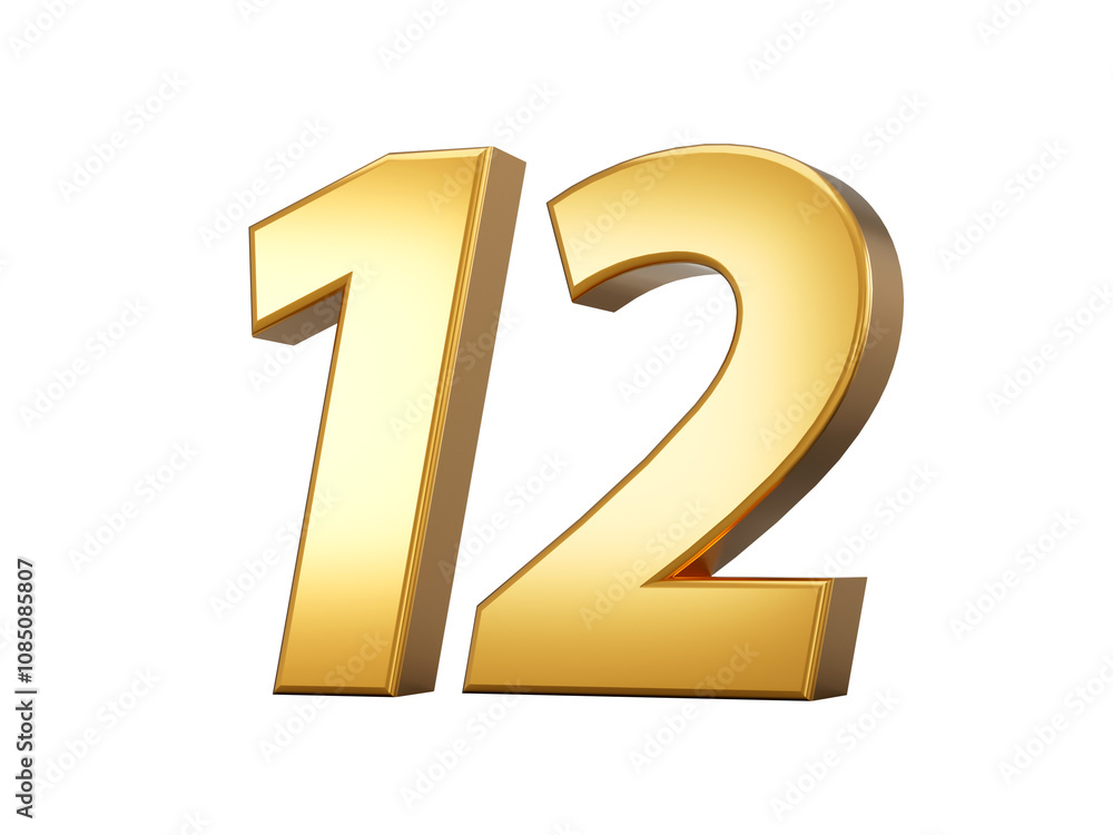 Golden metallic Number 12 Twelve, White background 3d illustration
