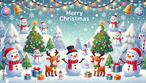 Christmas background, cartoon snow and reindeer