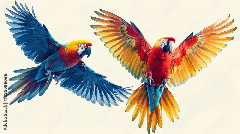 Fototapeta premium Two vibrant macaws in flight, wings spread wide against a white background.