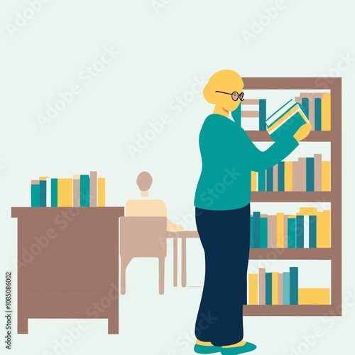 Vector illustration of a woman organizing books on a shelf in a library