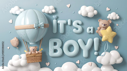 Its a boy banner with cartoon hot air balloon, helium balloons and clouds on blue background. Childern elements background 3d illustration