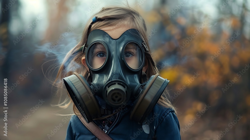 A young child wearing a gas mask in a forest setting, evoking themes of environmental concern and safety. A young child wearing a gas mask in a forest setting, evoking themes of environmental concern and safety.