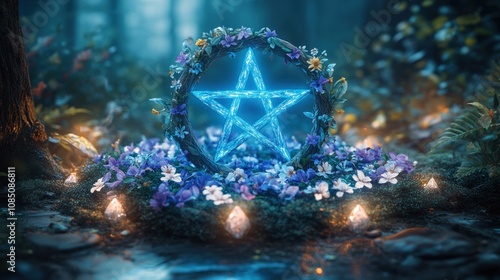 A Wiccan pentacle circle symbol, decorated with flowers and energy crystals Glowing blue in a mysterious forest setting photo