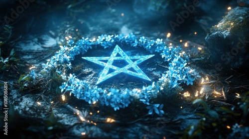 A Wiccan pentacle circle symbol, decorated with flowers and energy crystals Glowing blue in a mysterious forest setting