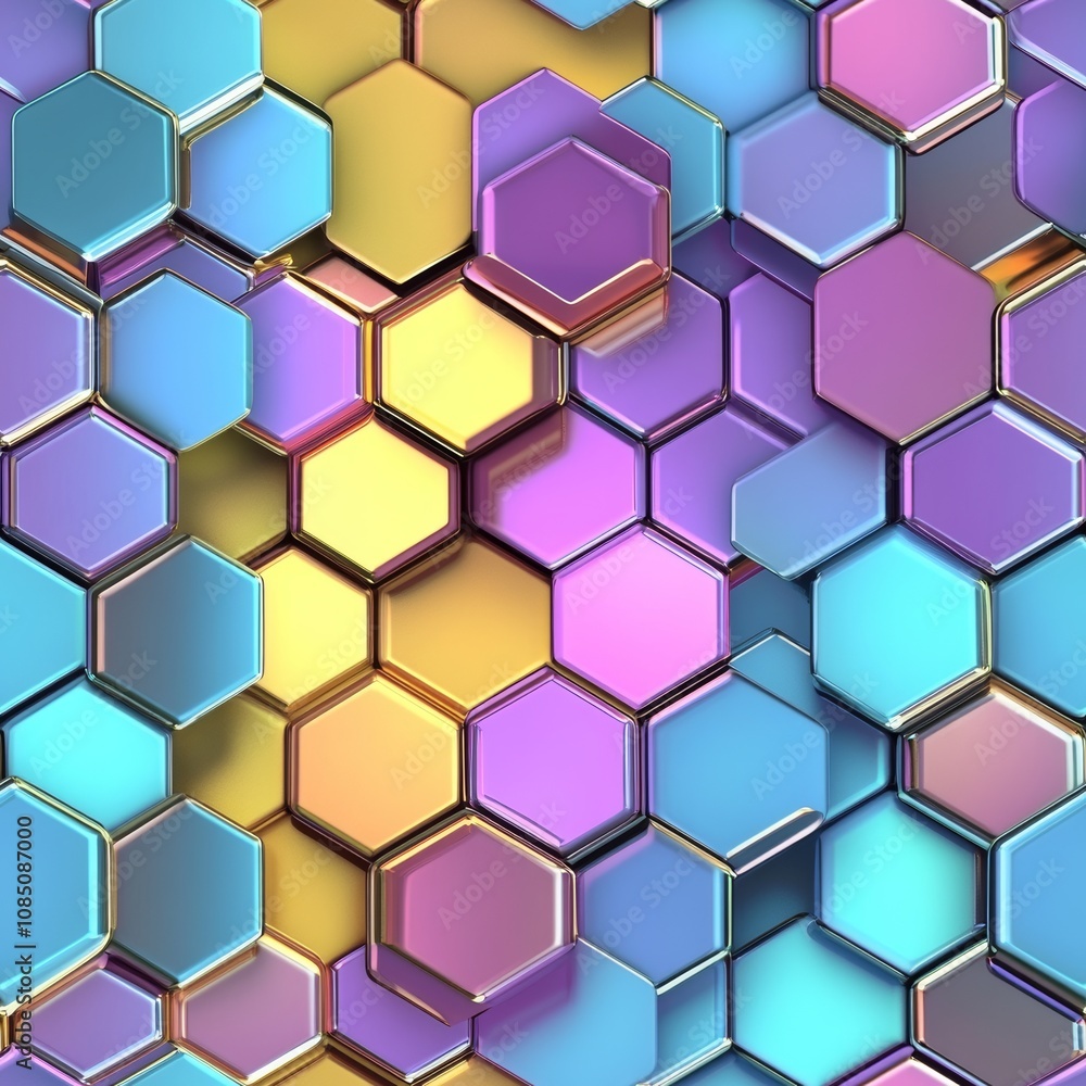 Colorful Hexagonal Pattern Background with Shiny Surfaces and Reflections, Ideal for Technology, Design, and Modern Art Projects, Creating a Dynamic Visual Experience Colorful Hexagonal Pattern Background with Shiny Surfaces and Reflections, Ideal for Technology, Design, and Modern Art Projects, Creating a Dynamic Visual Experience
