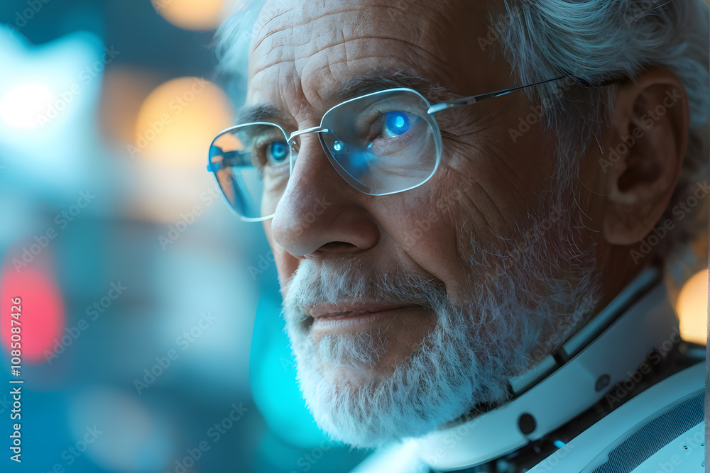 A man with glasses and a blue eye staring at the camera A man with glasses and a blue eye staring at the camera