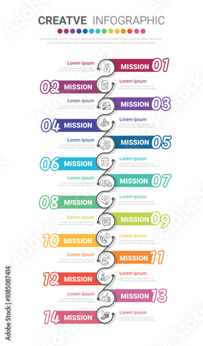 Timeline Infographics Template, Vector infographics timeline design template with 14 label, Vector. can be used for workflow layout, diagram, number step up options.