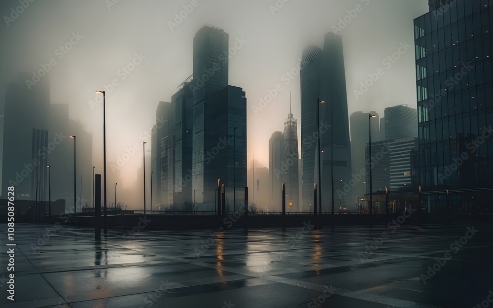 Obraz premium Majestic cityscape enveloped in morning fog with glowing streetlights