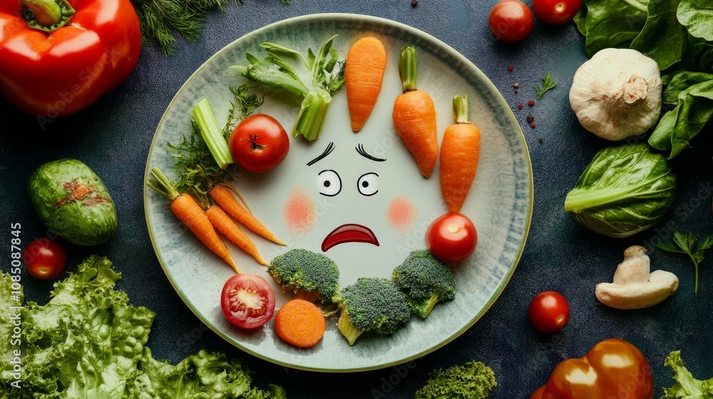 Plate of vegetables in front of a picky child, who is making a displeased face