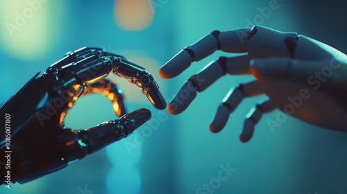 Close-up view of a human fingertip and a robot’s finger meeting in a gentle touch, with subtle lighting effects and a modern abstract background symbolizing the harmony of AI and human coexistence 