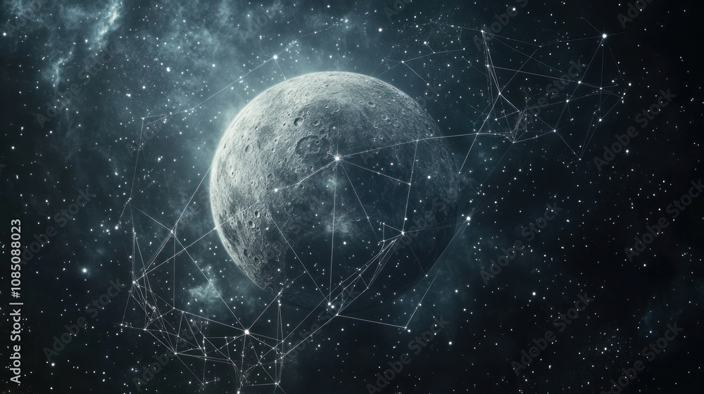 Obraz premium Mystical cosmic chart with silvery constellations. Moon and sun positions linked by transparent energy lines.