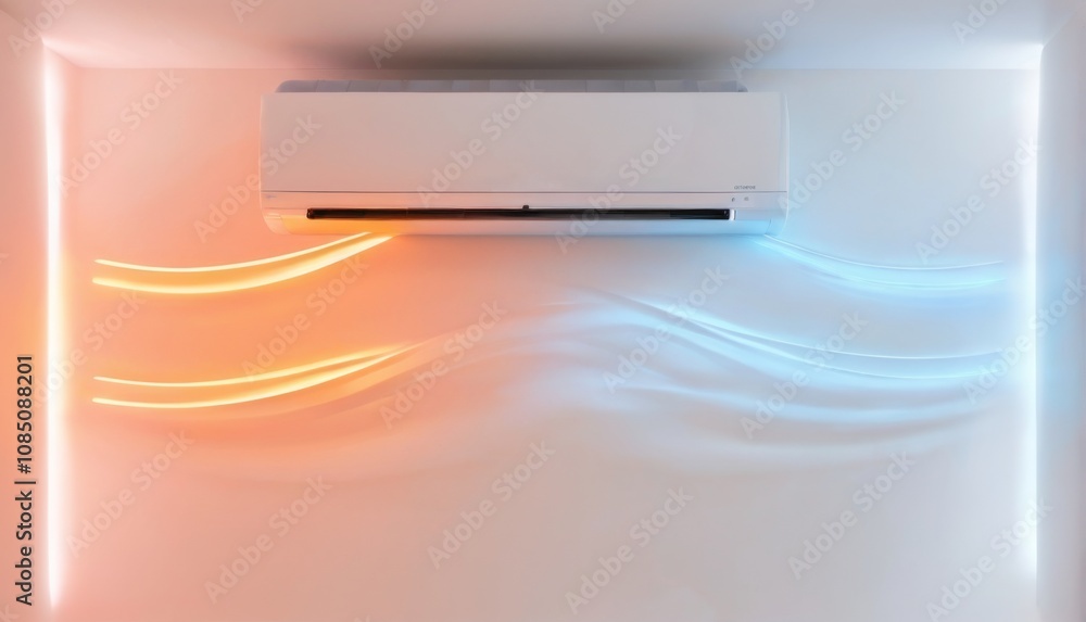 Sleek white air conditioning unit on wall with colorful wave design and illuminated room, creating energetic atmosphere. Sleek white air conditioning unit on wall with colorful wave design and illuminated room, creating energetic atmosphere.