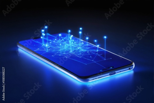 Wallpaper Mural Futuristic smartphone with glowing network pattern on reflective dark blue background. Torontodigital.ca