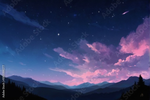 Majestic Mountain Range Silhouetted at Night with Starfilled Sky and Vibrant Colors, Creating a Peaceful Serene Landscape