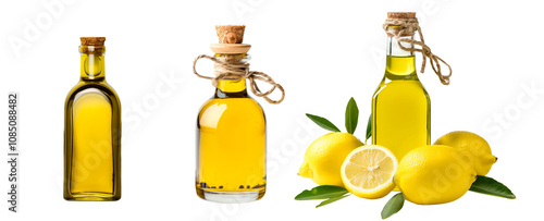 Lemon infused olive oil in bottle with cork surrounded by fresh lemon isolated on white transparent background. Food ingredient and cooking concept photo