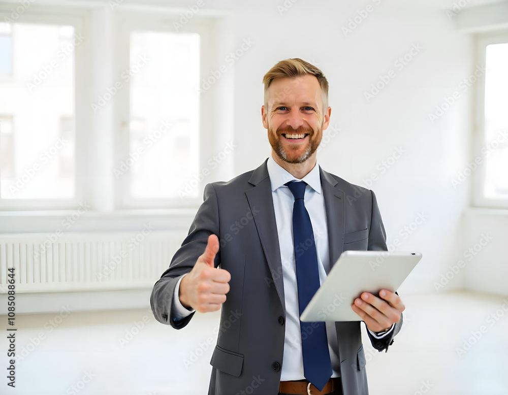 Handsome real estate agent holding his open hand to shake and sign the deal for a successful rented or bought apartment or a house Handsome real estate agent holding his open hand to shake and sign the deal for a successful rented or bought apartment or a house