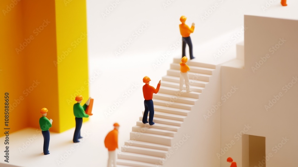 Fototapeta premium Miniature figures ascending steps towards success.