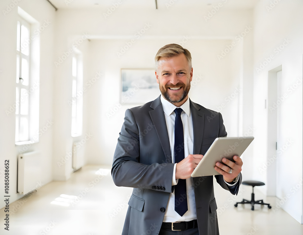 Handsome real estate agent holding his open hand to shake and sign the deal for a successful rented or bought apartment or a house Handsome real estate agent holding his open hand to shake and sign the deal for a successful rented or bought apartment or a house