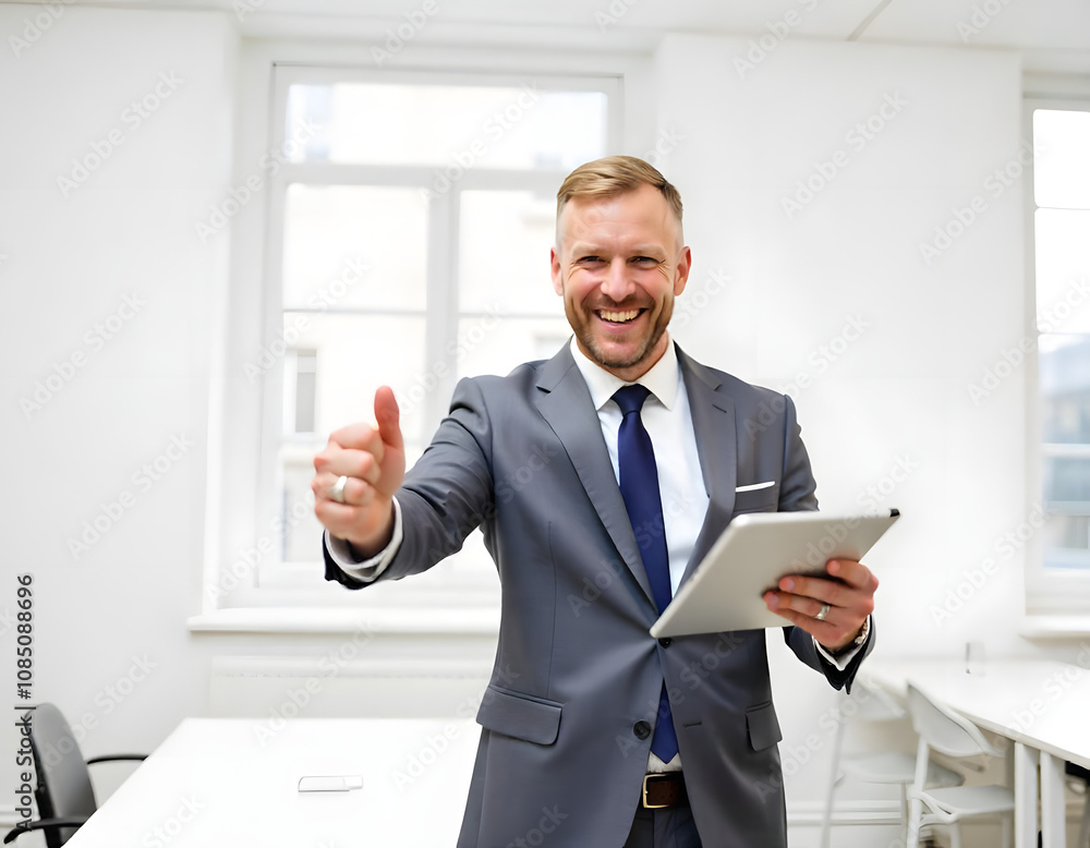 Real estate agent with grey hair, holding a tablet and open hand to shake and sign the deal for a successful rented or bought apartment or a house Real estate agent with grey hair, holding a tablet and open hand to shake and sign the deal for a successful rented or bought apartment or a house