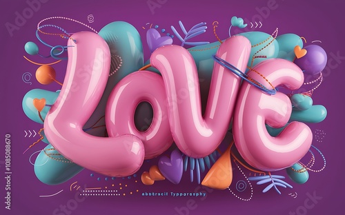 3d love text with colorful lettering. Love logo 3D inflated editable text effect. Valentine's day elements.