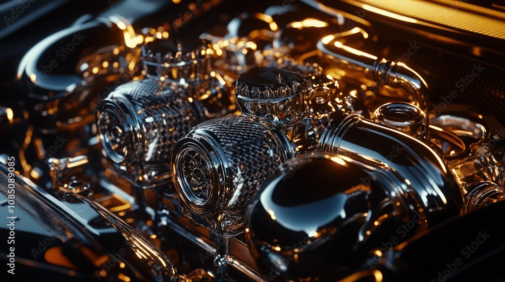 Fototapeta premium A close-up view of a luxury car engine, showcasing chrome-plated components, intricate turbochargers, and sleek carbon fiber detailing under ambient lighting