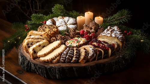 Festive Dessert Platter Served on Rustic Wooden Base Surrounded by Candles and Fresh Greenery, Perfect for Holiday Celebrations and Gatherings