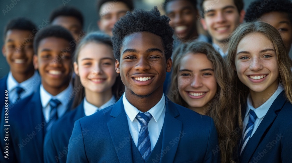 A group of young people are smiling and wearing blue suits and ties A group of young people are smiling and wearing blue suits and ties