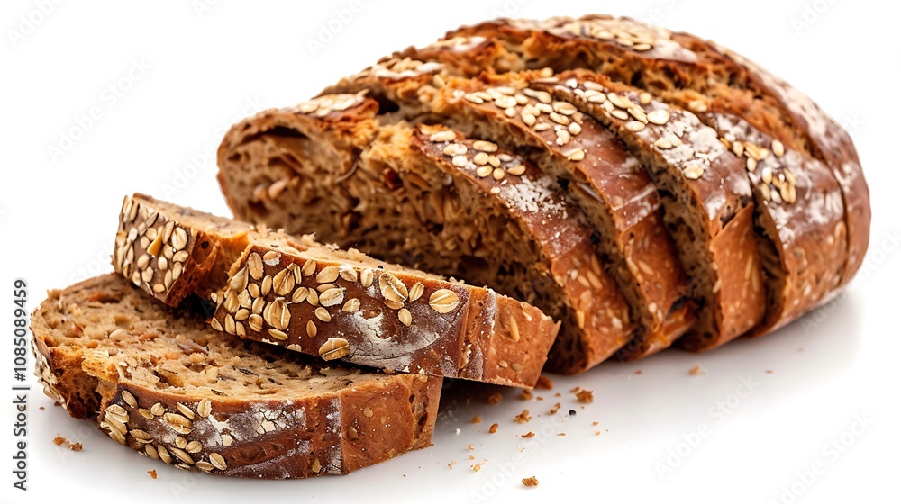 A loaf of sliced whole grain bread with oats on top, showcasing its texture and freshness. A loaf of sliced whole grain bread with oats on top, showcasing its texture and freshness.