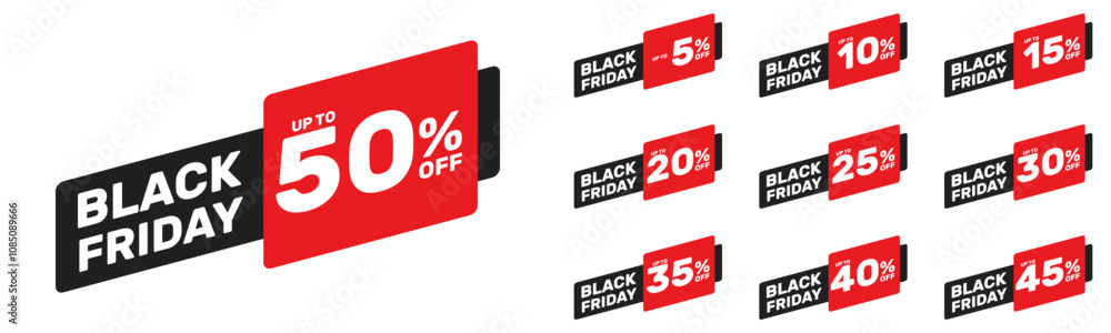 black friday up to 5 10 15 20 25 30 35 40 45 50 percent off, vector advertising banner or season discount collection black friday up to 5 10 15 20 25 30 35 40 45 50 percent off, vector advertising banner or season discount collection