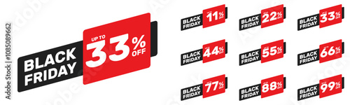 black friday up to 11 22 33 44 55 66 77 88 99 percent off, vector advertising banner or season discount collection