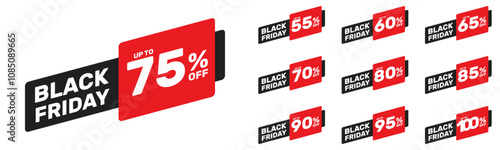 black friday sale up to 55 60 65 70 75 80 85 90 95 100 percent off, vector advertising banner or season discount collection photo