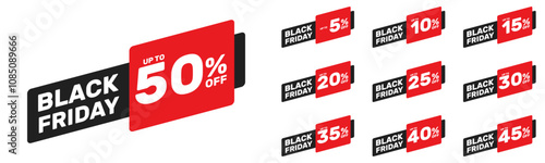 black friday up to 5 10 15 20 25 30 35 40 45 50 percent off, vector advertising banner or season discount collection