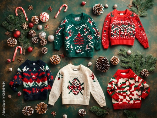 Festive Holiday Sweaters Arranged Creatively with Pine Cones, Ornaments, and Candy Canes on a Rustic Background for Winter Celebrations photo