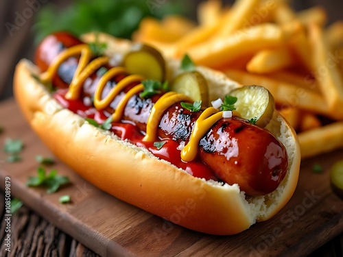 Delicious Close-up Hot Dog with Mustard ketchup on a Plate, yammy fasst food menu, isoloted food background photo