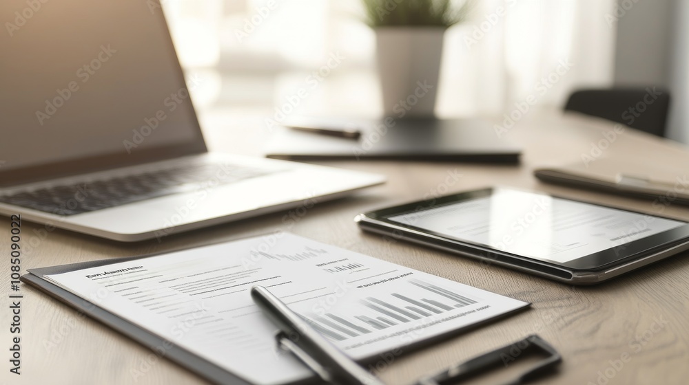 Modern workspace with laptop and documents. Modern workspace with laptop and documents.